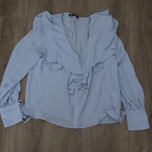 Zara Light Blue Ruffle Front Top With Tie Cuff Detail Women Size M